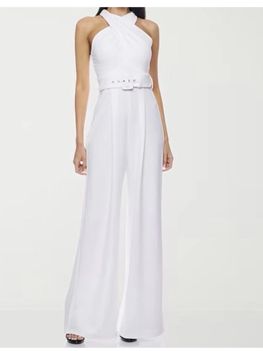 Premier Amour White Crisscross Halter Wide-Leg Jumpsuit with Belt